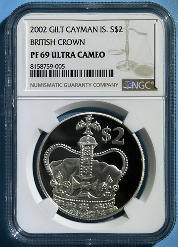 Cayman Islands 2002 Silver $2 Proof Queen Elizabeth Bimetal Gold Gilt NGC PF69UC