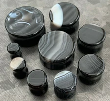 PAIR Black & White Striped Agate Natural Stone Double Flare Plugs Organic Gauges