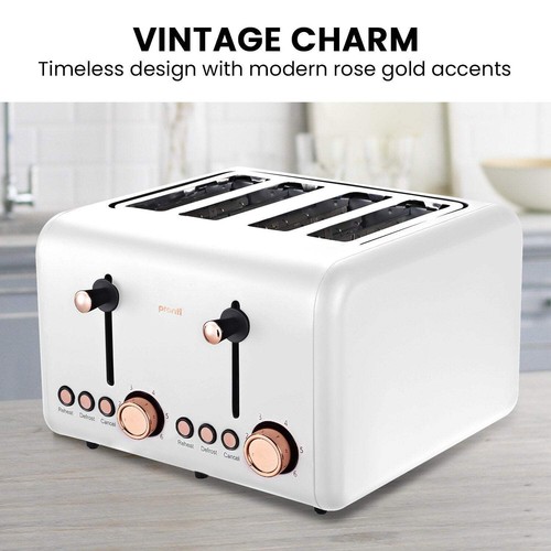 Pronti 4 Slice Toaster Rose Trim Collection - White - Picture 2 of 9