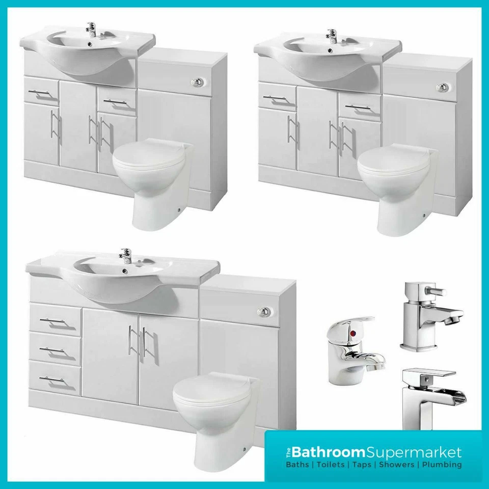 High Gloss White Bathroom Vanity Unit Storage Cabinet WC Unit BTW Toilet Combo