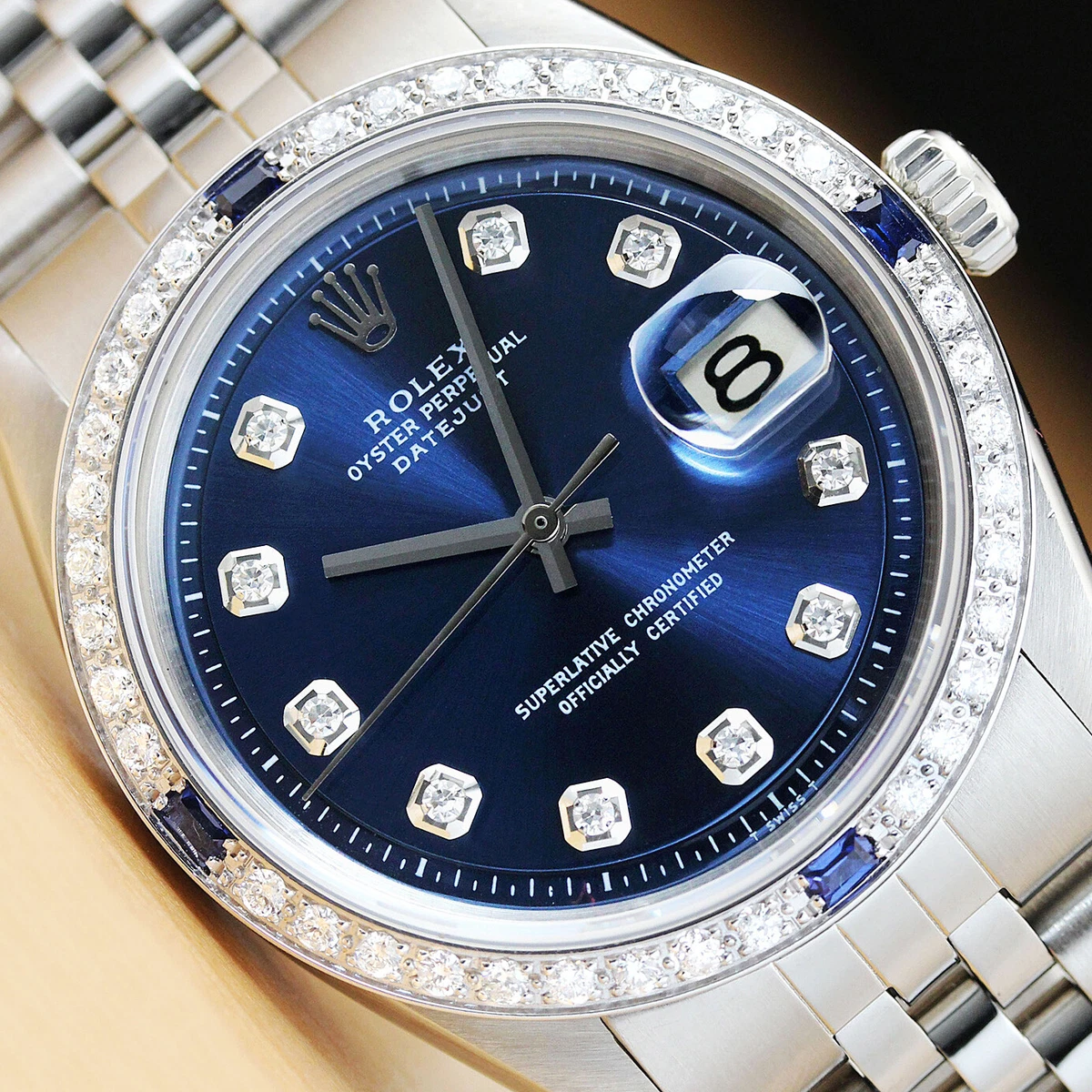 MENS ROLEX DATEJUST BLUE DIAMOND SAPPHIRE 18K STAINLESS STEEL WATCH | eBay