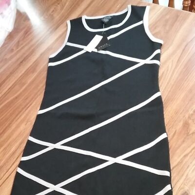 Grace Knit Dressing Sheath Sleeveless Dress Sz L Black/Beige Stretch | eBay