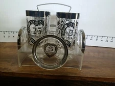 Vintage 25th Silver Anniversary Glasses, Matching Coasters, and Carrier