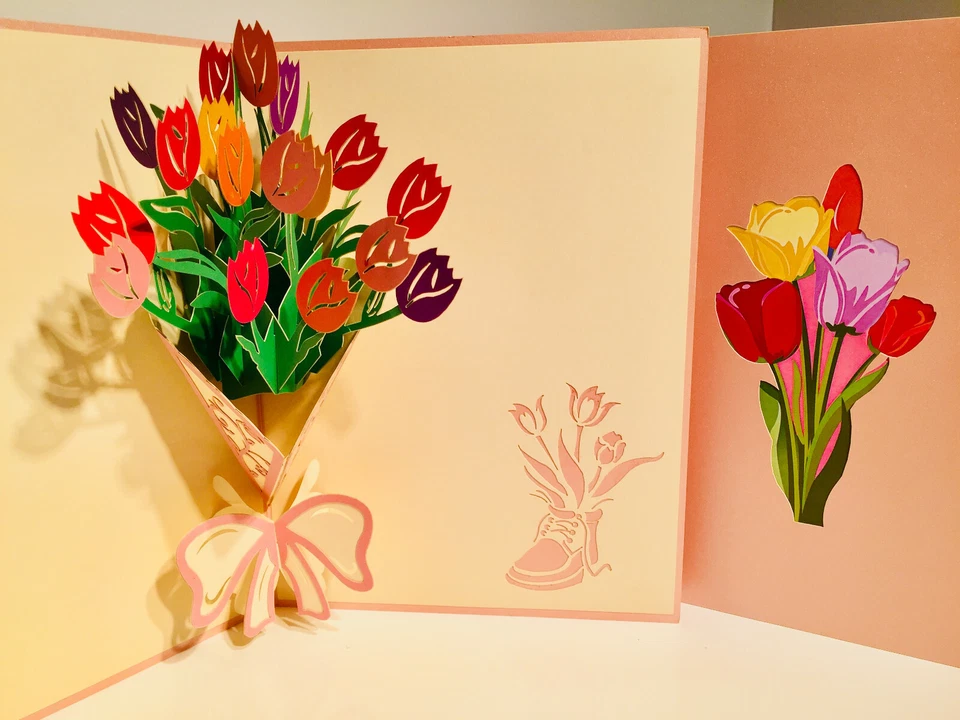 ORIGAMI POP CARDS Tulip Bouquet 3D Pop Up Greeting Card Happy Mother's Day Love