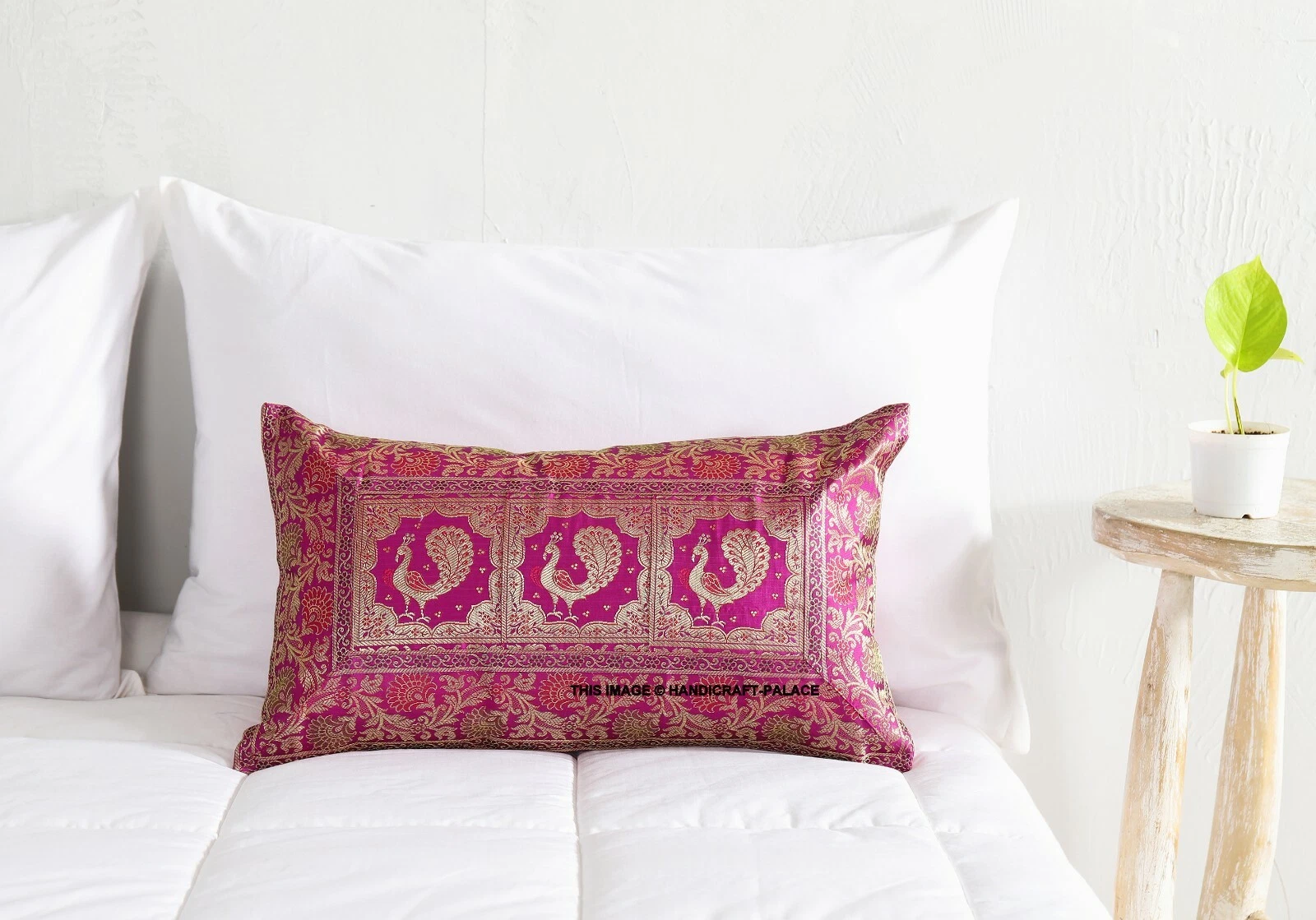 Peacock Brocade Jacquard Pillow Cases 12 x 20" Indien Silk Cushion Covers Pink