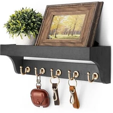 Key Holder for Wall with Shelf  Decorative Wall Hook with 5 Rustic Keys Hooks...