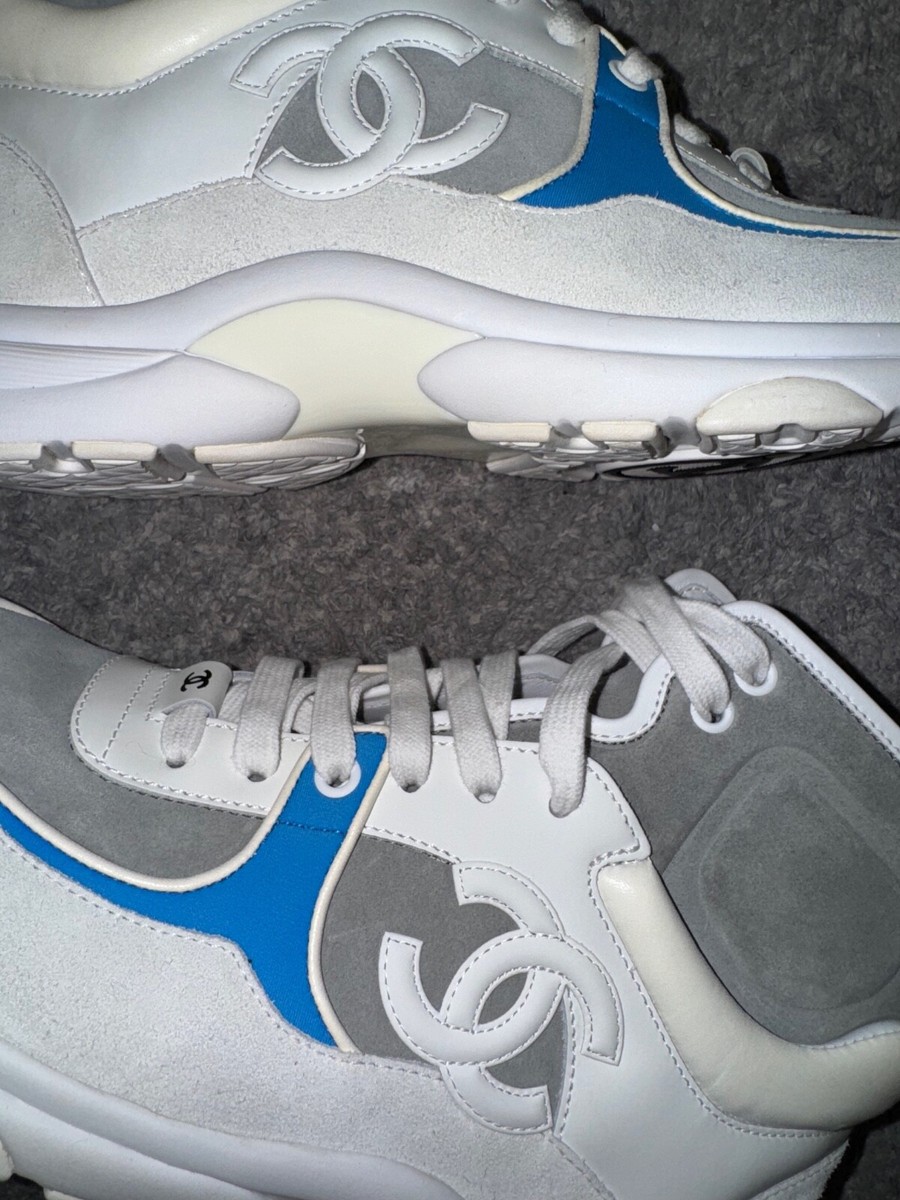 Chanel 18P Blue White Grey CC Logo Lace Up Tie Flat Trainer