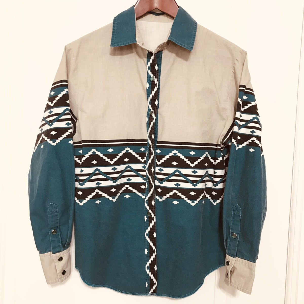 Vintage Handmade Teal Aztec Navajo Western Pearl Snap Shirt