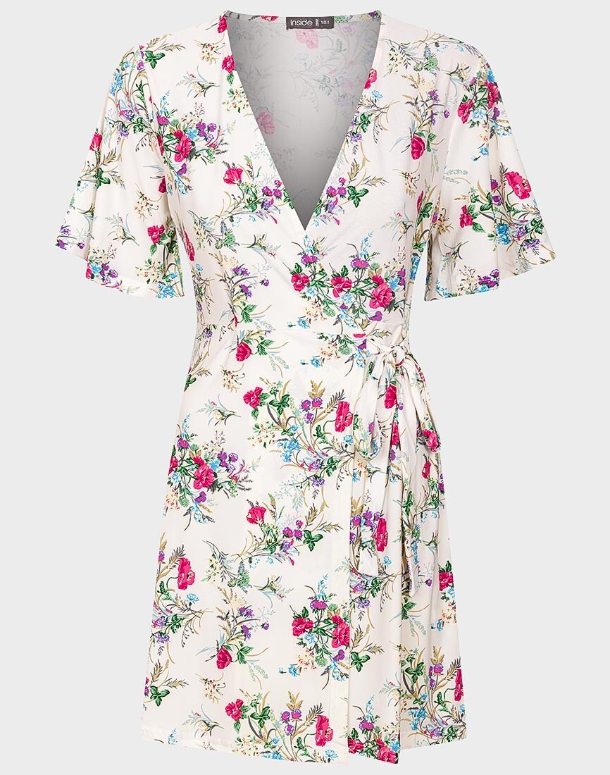 Ex-Inside Ladies Angel Sleeve Ivory Wrap Dress with Floral Print Sizes XS-L