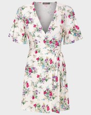 Ex-Inside Ladies Angel Sleeve Ivory Wrap Dress with Floral Print Sizes XS-L