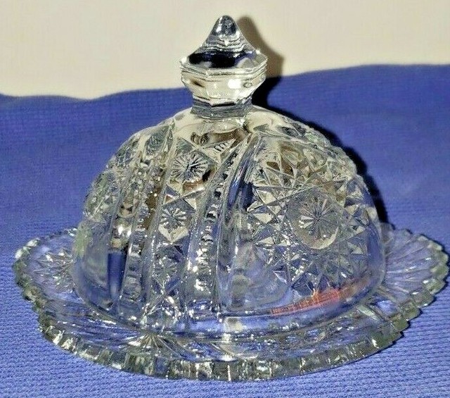 CLEAR CUT GLASS BUTTER CHEESE PLATE DISH W/ ROUND DOME LID eBay