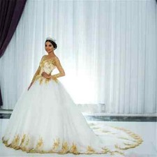 Elegant Ball Wedding Dresses Gold Lace Applique A-line Bridal Gowns Chapel Train