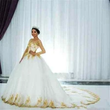 Elegant Ball Wedding Dresses Gold Lace Applique A-line Bridal Gowns Chapel Train