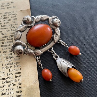Natural Amber Antique Silver Brooch From 1920's Baltic Amber Art