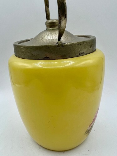 Antique YELLOW OPALINE Lemon Art Glass Floral Metal Handled Cracker BISCUIT JAR - Picture 6 of 13
