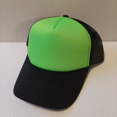 NEW) NEON GREEN & BLACK BLANK PLAIN HAT / CAP MESH TRUCKER STYLE
