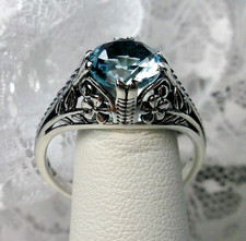 Aquamarine Ring Simulated Gem Deco Sterling Silver Filigree Made To Order D159