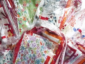 Red Orange Pink  Silk Kimono Fabric Scrap Bag Set of 23 pieces Small Pieces
