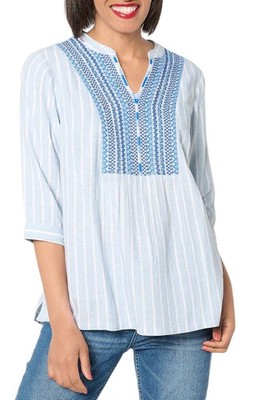 Joan Rivers Women's Embroidered 3/4-Slv Striped Linen Shirt Blue