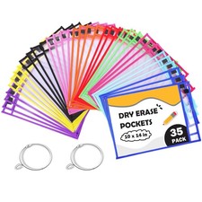 Puroma 35 Pack Dry-Erase Pockets Reusable Plastic Sleeves Assorted Colors Wat...