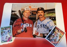Signed CARLTON FISK & DWIGHT EVANS 8x10 Photo RED SOX Baseball HOF + Bonus Cards