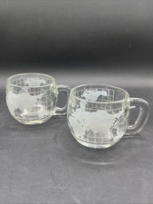 Nestle World Map Globe Etched Glass Mug Coffee Cup 70s Vintage Lot Of 2