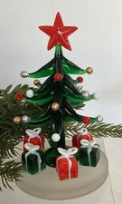 LS Arts Green Glass Christmas Tree W/Presents On A Frosted Base In Box 4.5"T