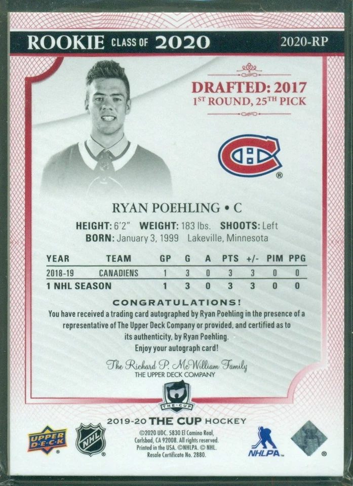 2019-20 Upper Deck The Cup Rookie Class Of 2020 Red RYAN POEHLING RC 5/5 - Image 2 of 2