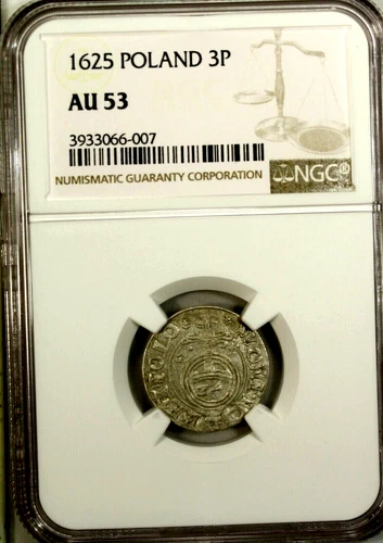 Poland  Silver 3 Polker 1625 NGC AU 53  Gum - 975 Medieval Coin Cracow Mint