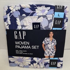 Gap Women's PJ Set 2-Pc Blue Floral Woven Top and Shorts Pajama Set Size L