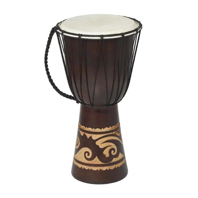 Eclectic Djembe Drum Sculpture, Handmade Wood, 9''x16'', Leather Top, Brown
