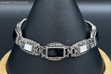 925 Silver Vintage Link Bracelet W/Onyx, Mother Of Pearl & Marcasite