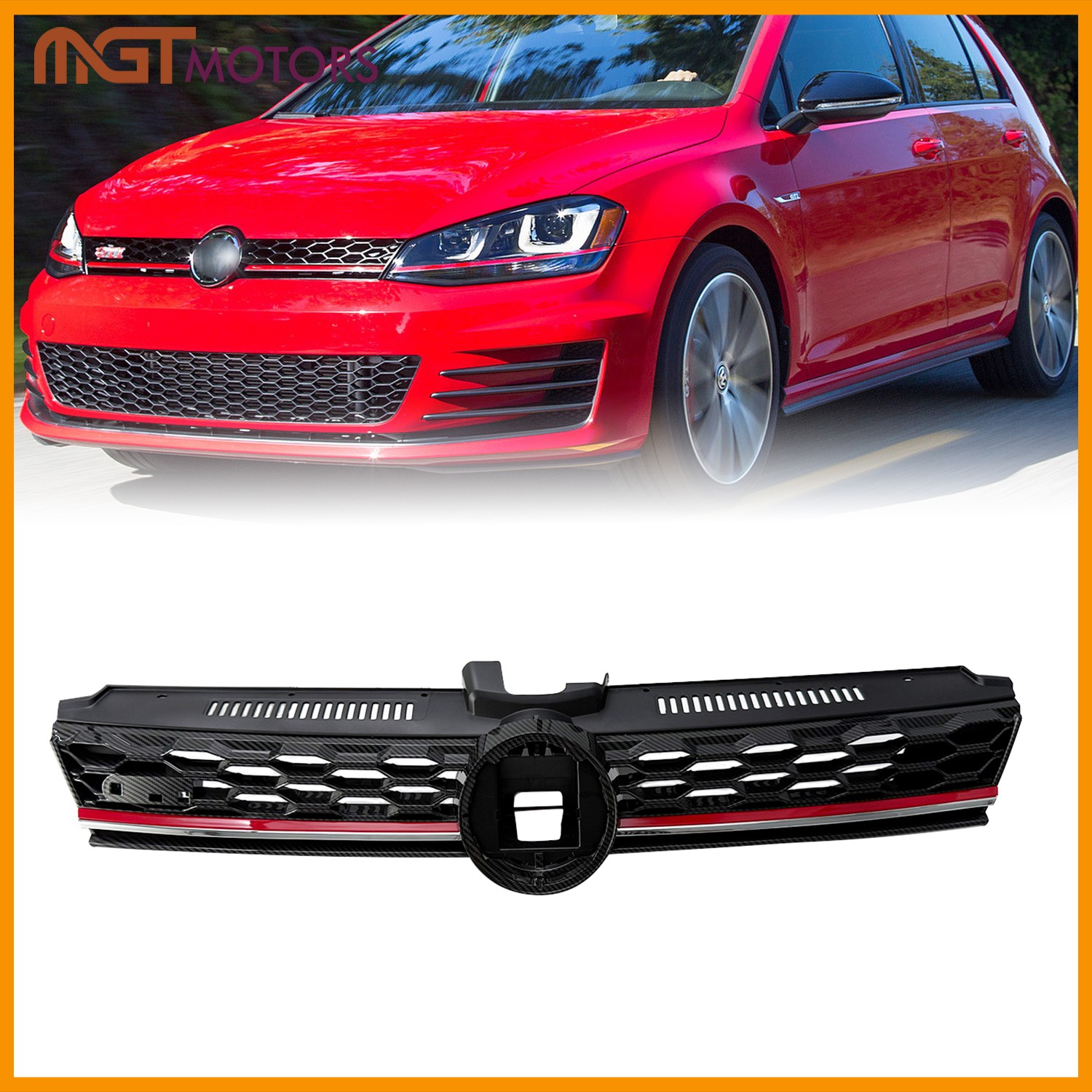 Front Bumper Grille w/Red Line Carbon Fiber Print For 17-19 VW Golf MK7 7.5 GTI