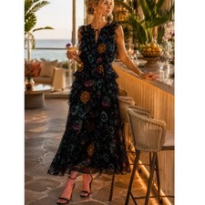 Ulla Johnson Adrienne Midnight Garden Silk Ruffle Midi Dress black teal 00 XS