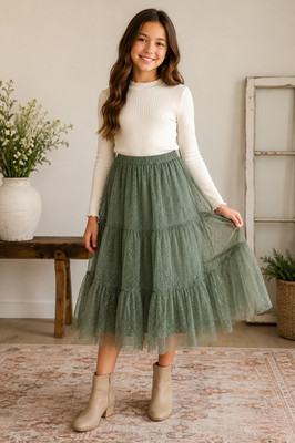 Joyfolie Mia Joy Rina Midi Skirt Girls 12 Burnt Olive Tulle Tiered Boho Green