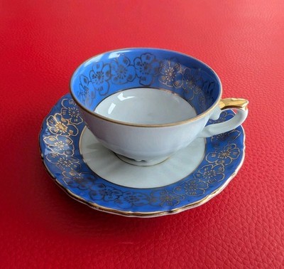 1960 Wiesau Sammeltasse Mokka Mocca Gold Blau Espresso Bavaria Blumen set Tasse