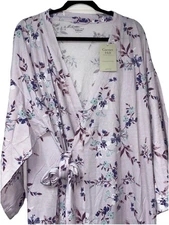 Garnet Hill Floral Kimono Robe Purple Green Cotton Large Asian Wrap Lovely NWT