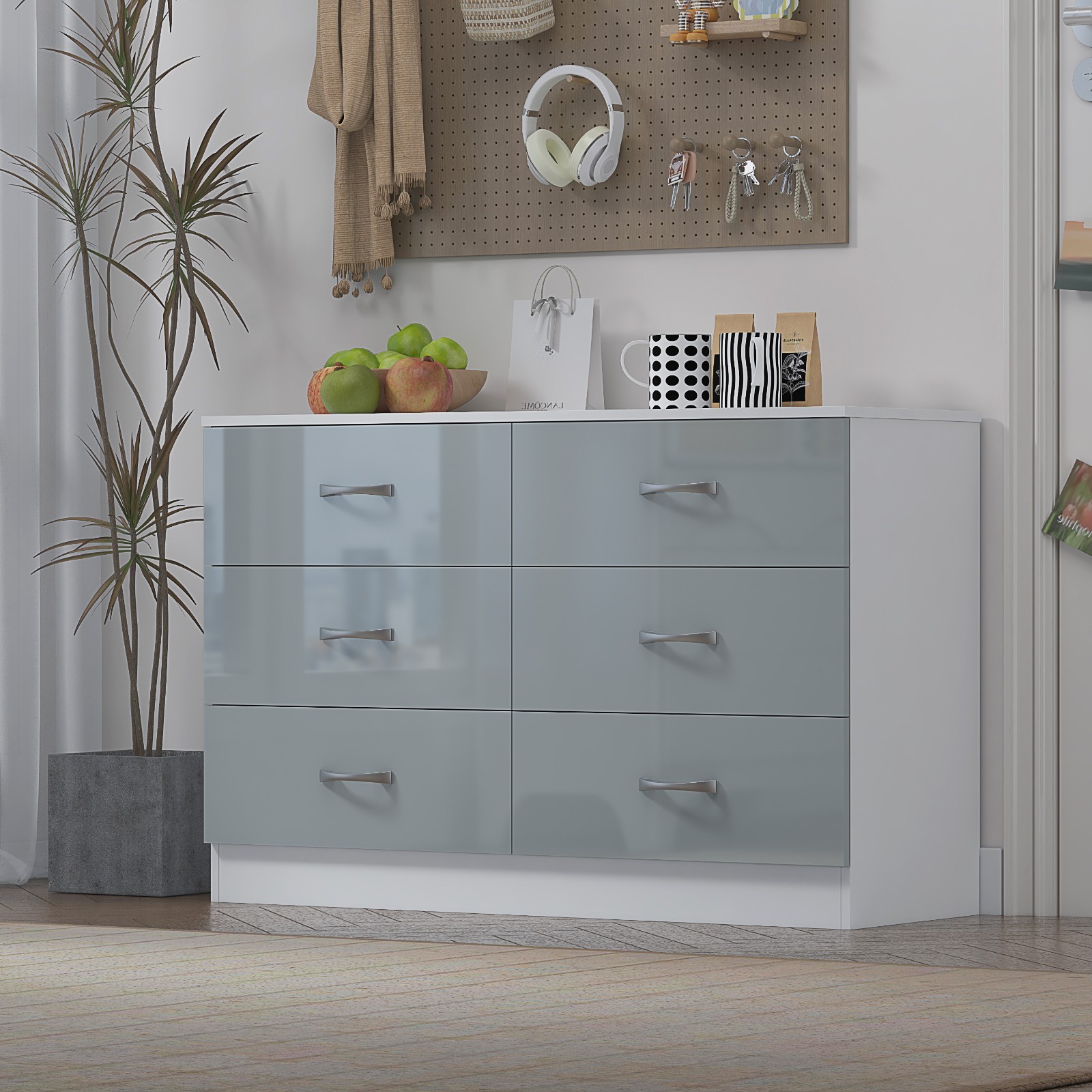 Grey High Gloss/White frame 6 Drawer Sideboard / Cupboard / Chest of Drawers