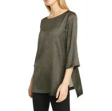 Eileen Fisher Printed Silk Organic Cotton Boat Neck Tunic Top Large Woodland