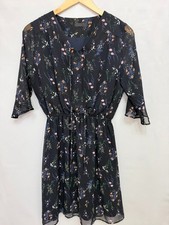 s.Oliver Floral Chiffon Dress Womens S Navy Blue Tie Neck Boho Fit Flare