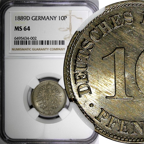 Niemcy - Cesarstwo Wilhelm I Miedź-Nikiel 1889 D 10 fenigów NGC MS64 KM # 4 (002) - Zdjęcie 1 z 4