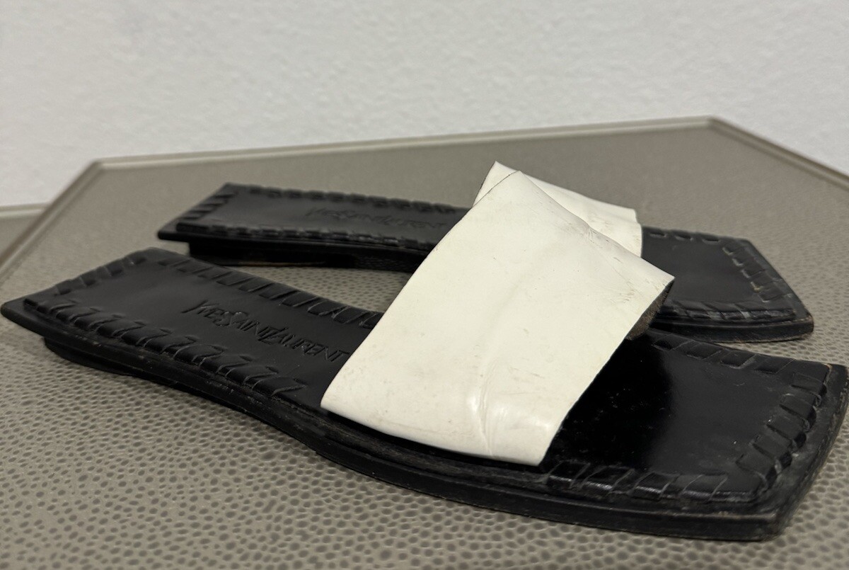 Sandali intrecciati Yves Saint Laurent YSL punta quadrata diapositive vintage taglia US 6 5