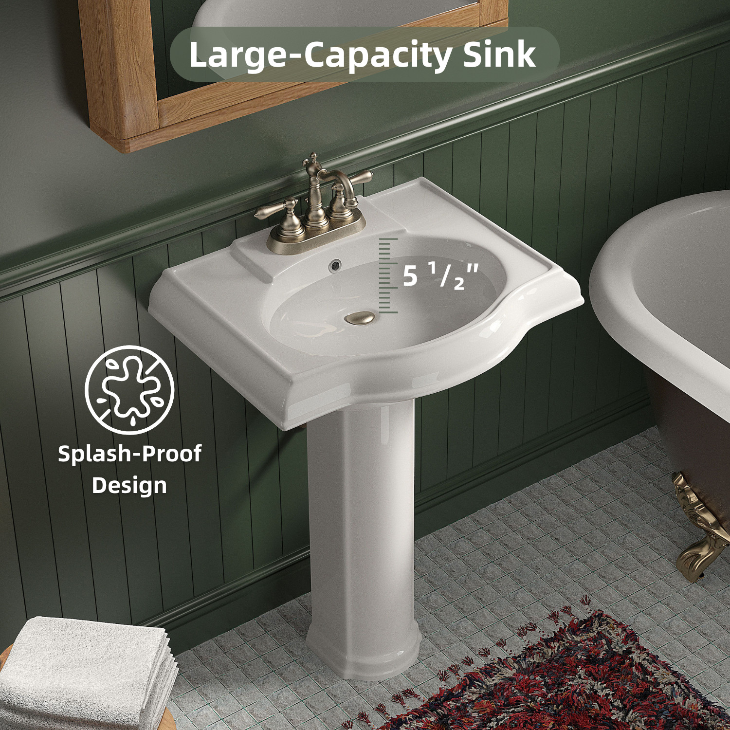 Los Flexi 24" x 19" White Ceramic Pedestal Sink with Overflow and 3 Faucet Hole