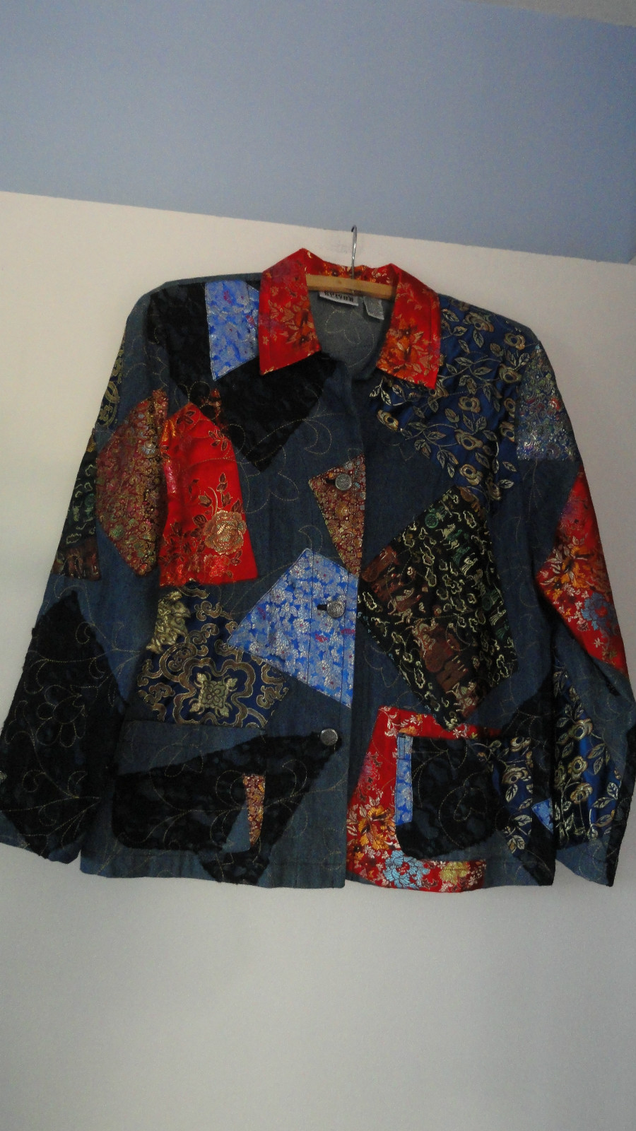 Chico's Asian Silk Patchwork Denim Jacket Misses … - image 9