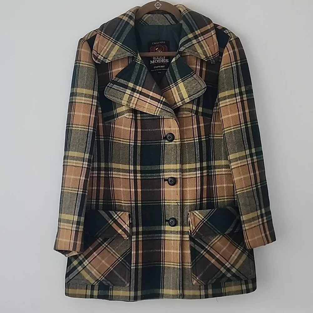 Elli Vintage Retro Yellow Green Plaid Wool Coat Jacket Made In West Germany  M