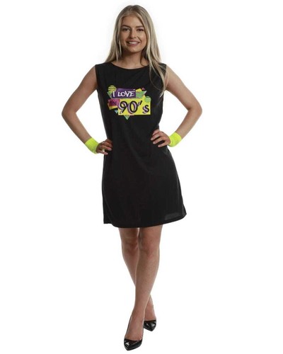 CA2834 Womens Black 1990s' Party Girl Retro Dress Up Costume Ladies Halloween - Picture 2 of 4
