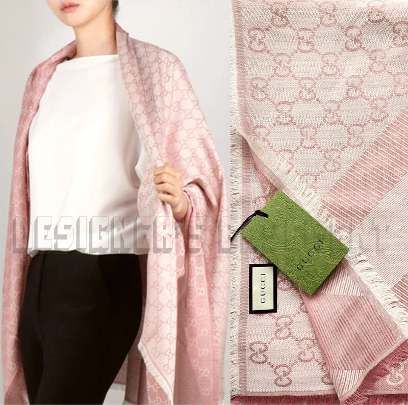 Foulard GUCCI laine/soie 2 tons rose et ivoire GGWEB monogramme 55