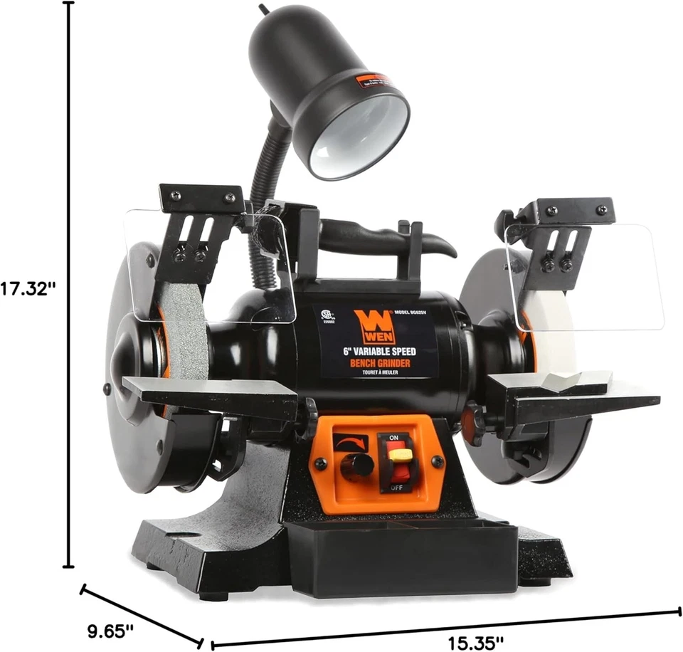 WEN BG625V 2.5-Amp 6-Inch Variable Speed Bench Grinder with Flexible Work Light - Image 3 of 4