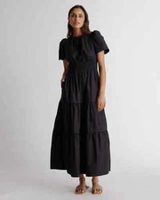 Quince Black Organic Cotton Tiered Maxi Dress sz S Women's Pockets Poplin Fabric