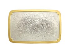 Engraved Rectangular Frame Gold and Sterling Silver Plated Western Belt Buckle
